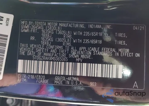 2021 Toyota Highlander Xle from USA, damaged, VIN 5TDGZRAHXMS065065